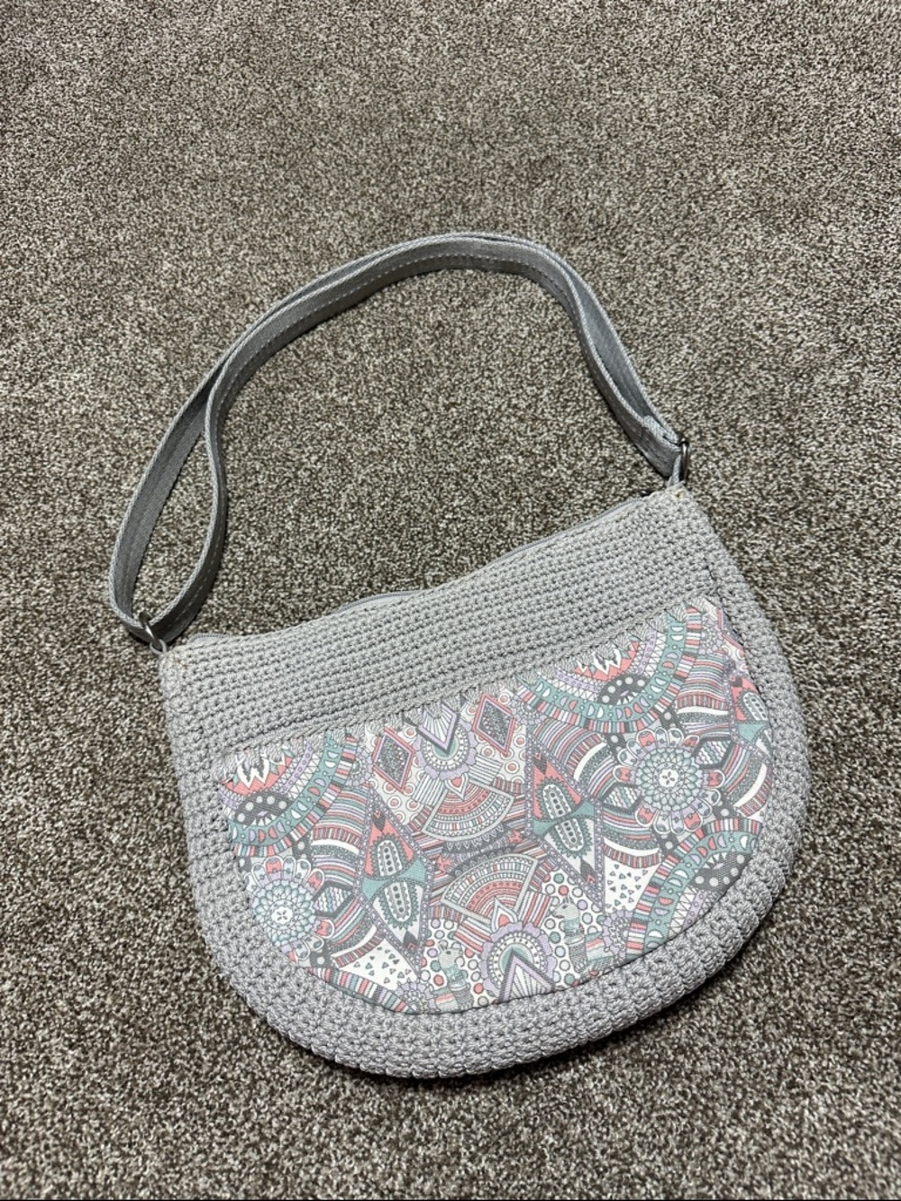 Sakroots Light Gray Crochet Crossbody with Pastel Pattern